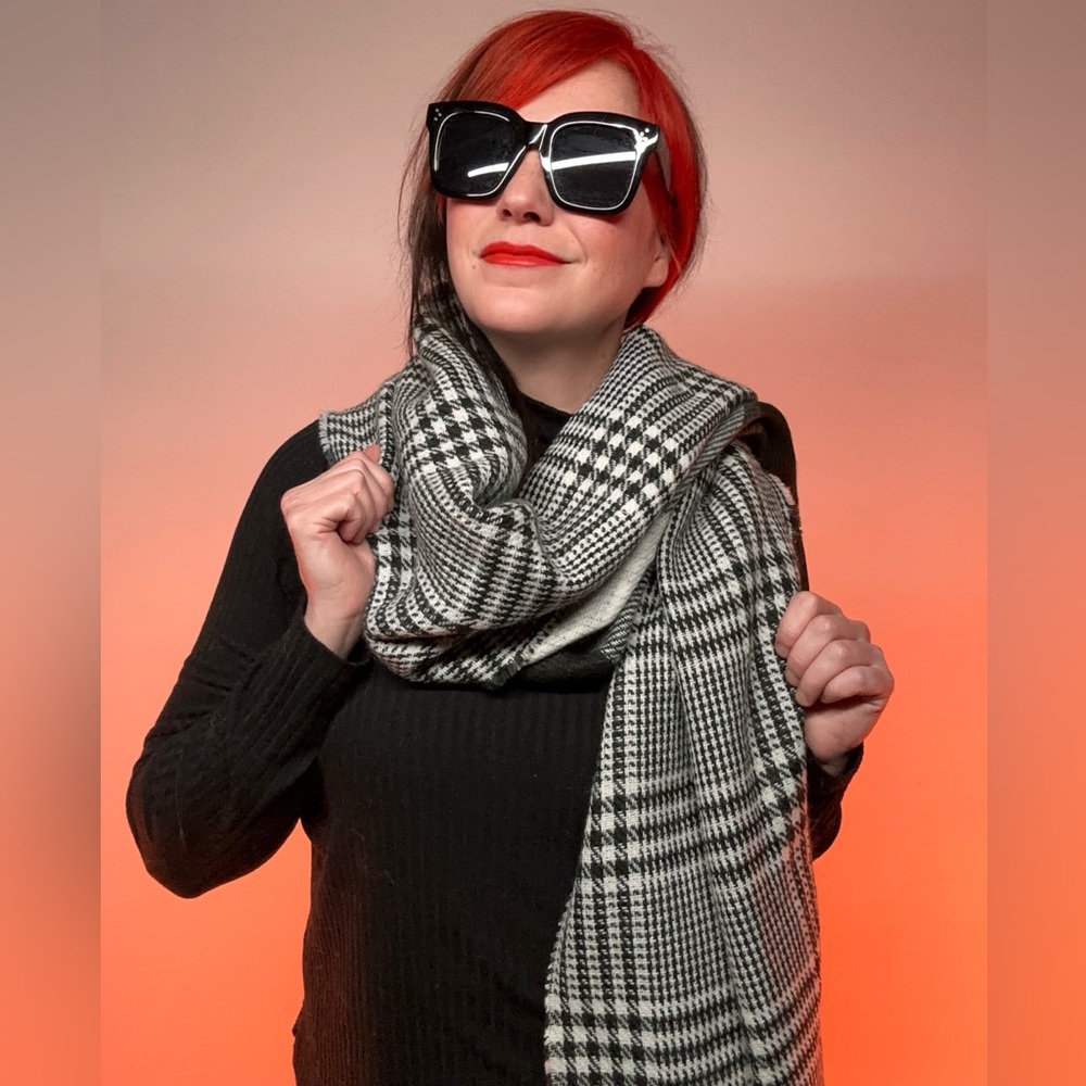 BLACK & GRAY / Double Sided Plaid Shawl Scarf Wrap / Fringe / Goth Emo Preppy